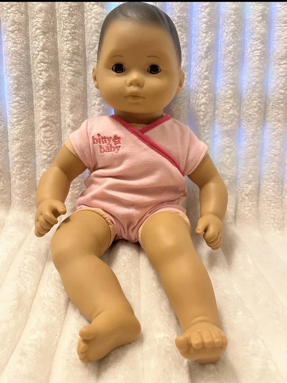 American Girl Bitty Baby Doll Medium Complexion Black Hair Soft Body Pink Outfit